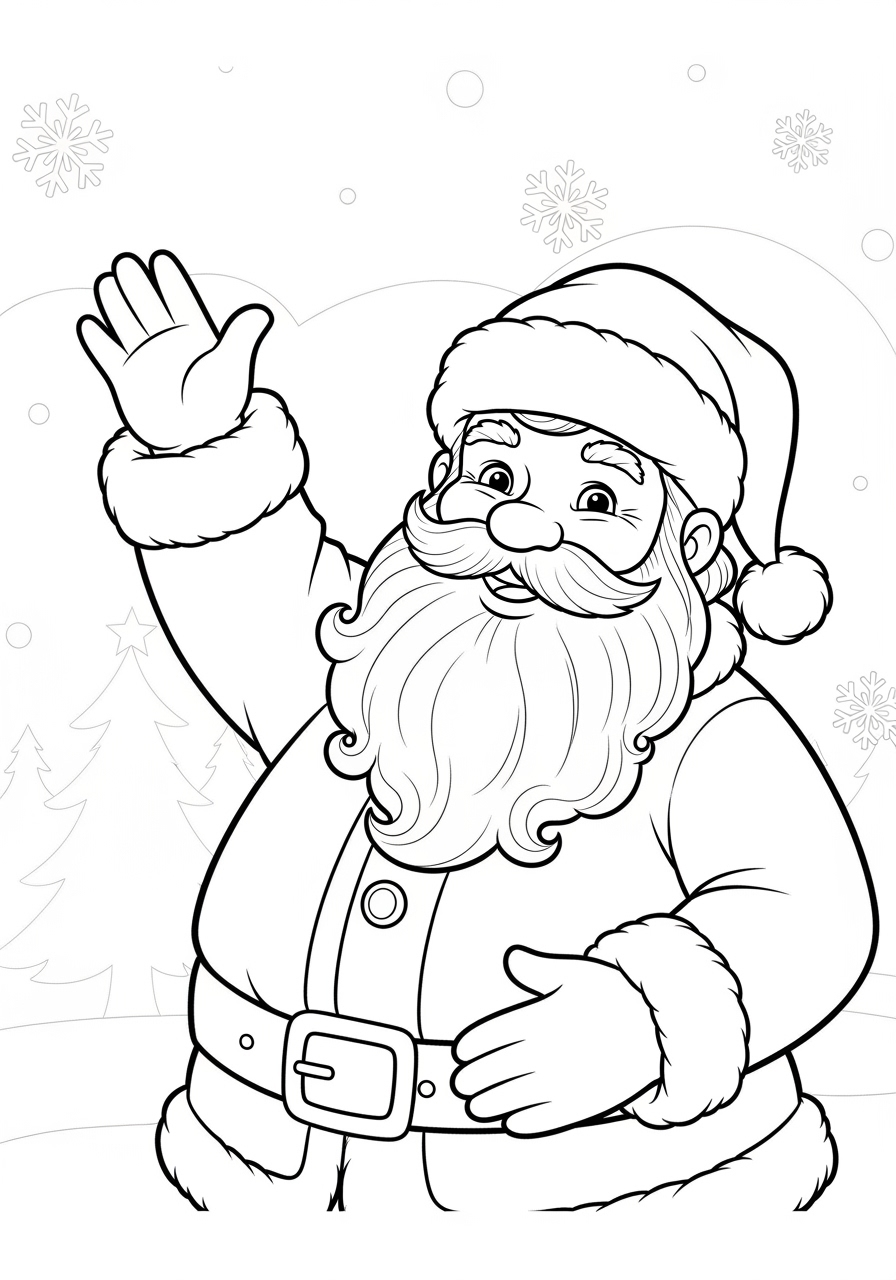 Desenho do Papai Noel acenando com fundo de inverno
