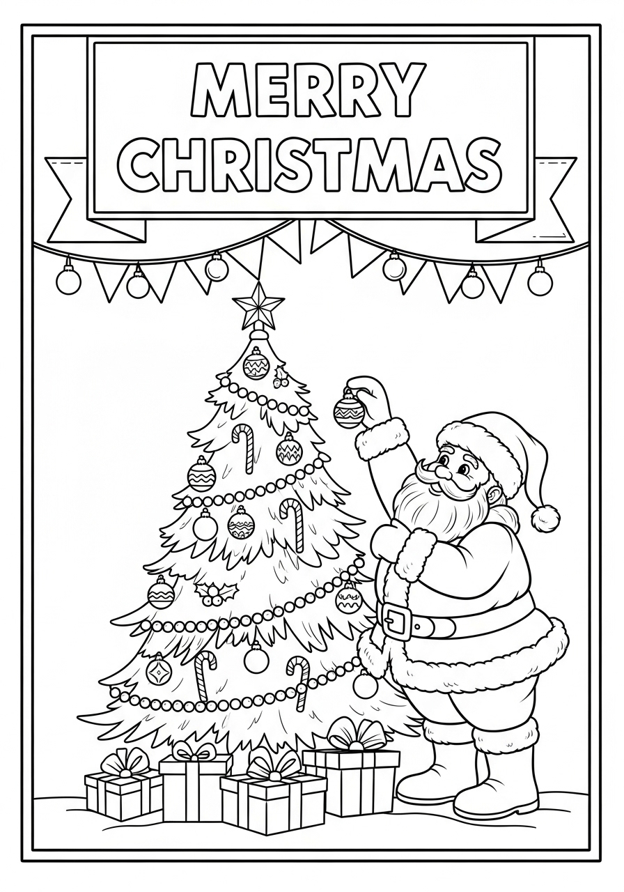 Desenho do Papai Noeldecorando a árvore de Natal