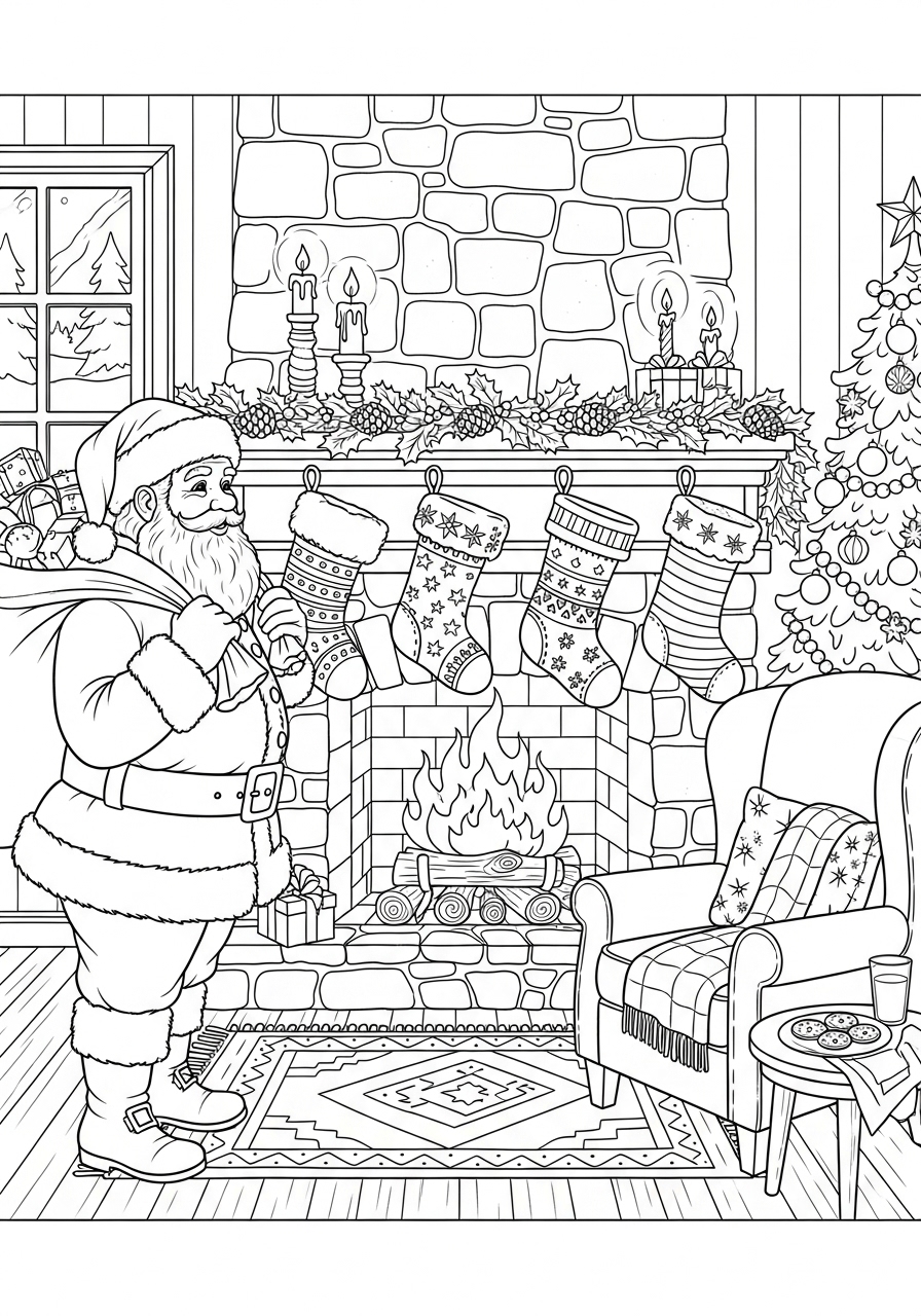 Desenho do Papai Noel ao lado da lareira e árvore de Natal