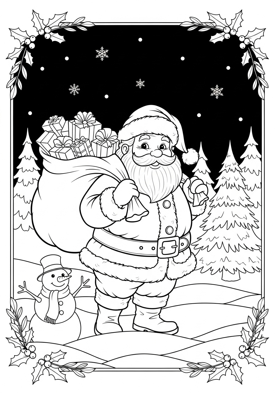 Desenho do Papai Noel com saco e boneco de neve para colorir