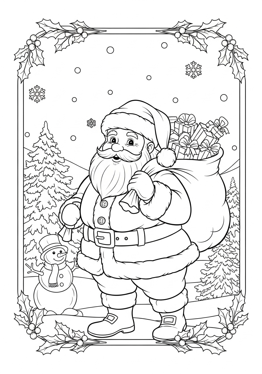 Desenho do Papai Noel com saco de presentes e boneco de neve