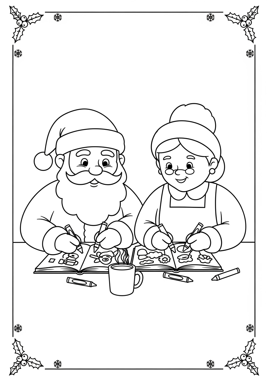 Desenho do Papai Noel e mulher colorindo livros juntos