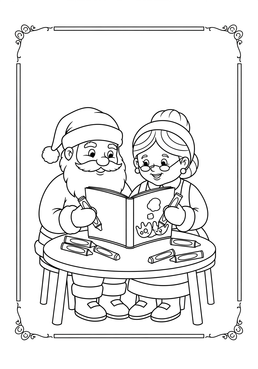 Desenho do Papai Noel e Senhora Noel lendo um livro