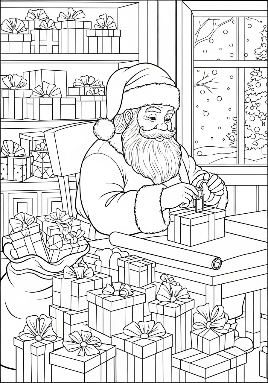 Desenho do Papai Noel organizando presentes na oficina