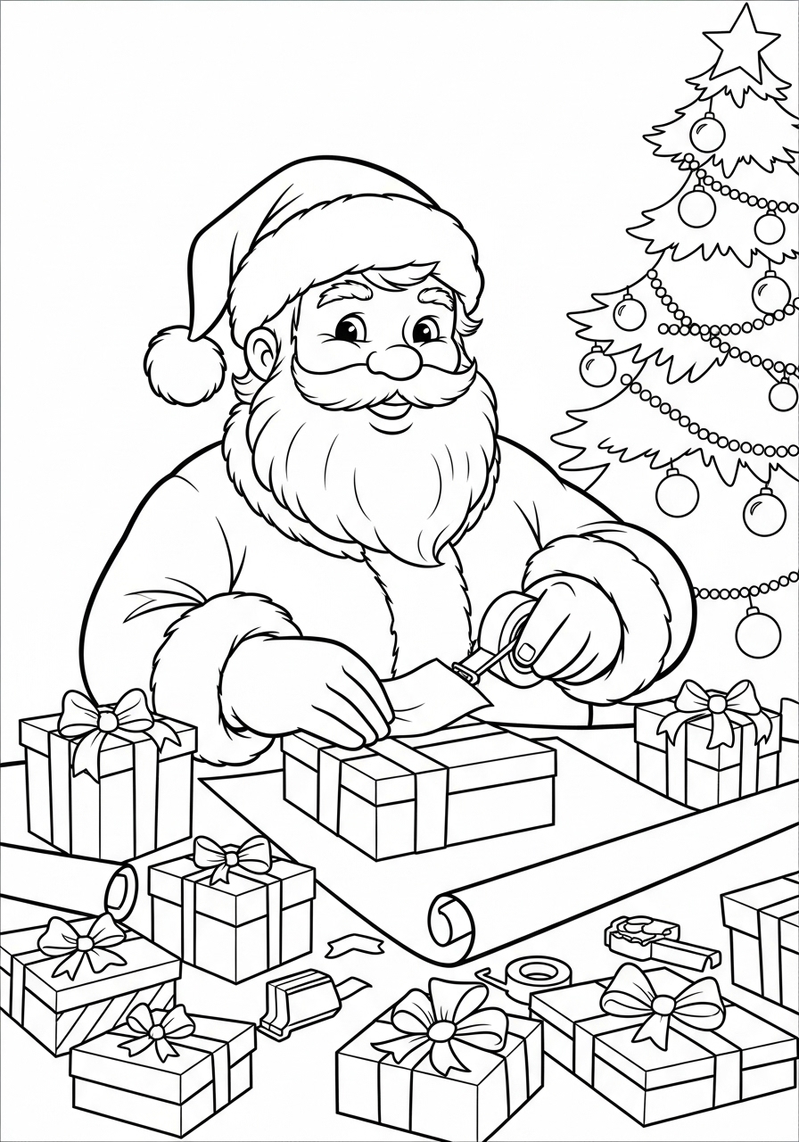 Desenho do Papai Noel embrulhando presentes para colorir