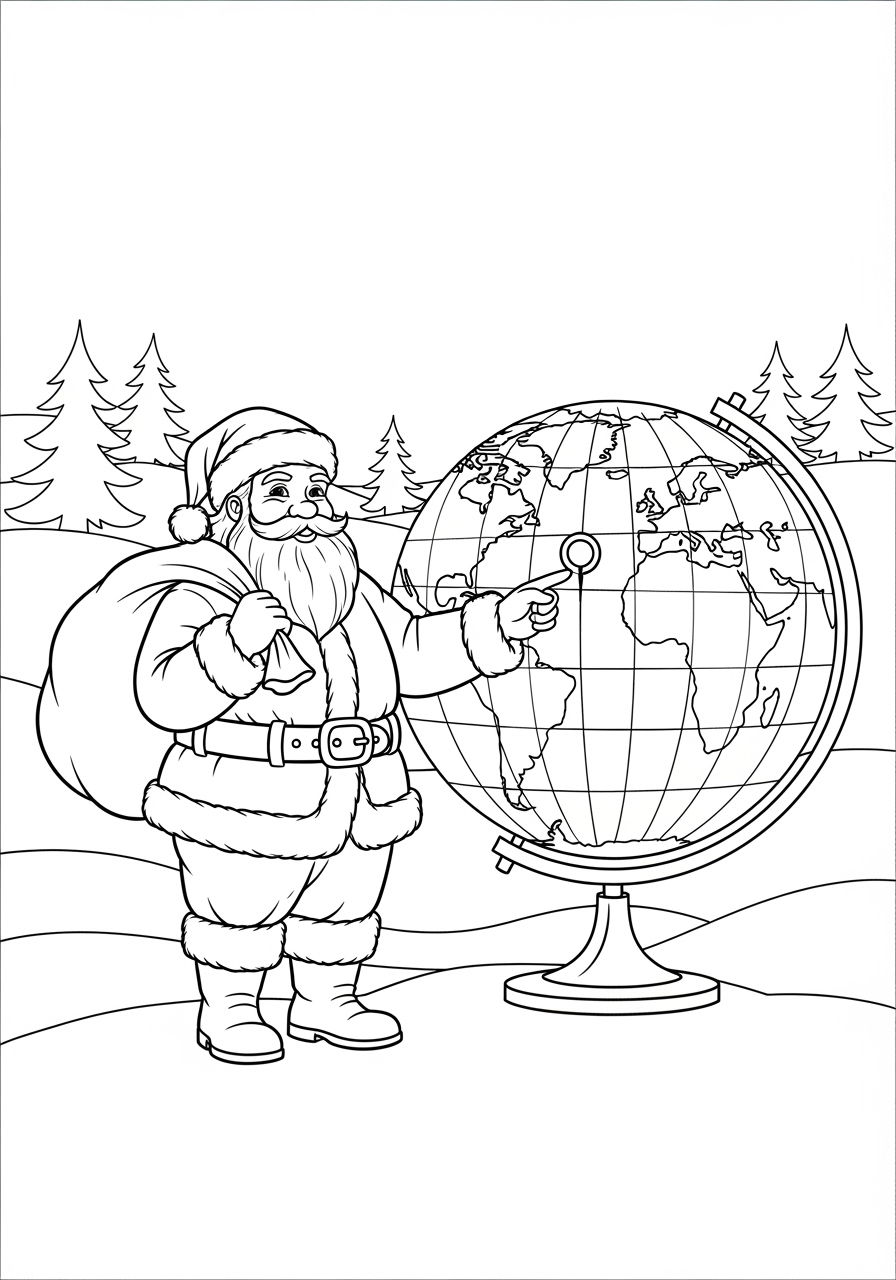 Desenho do Papai Noel apontando para um globo terrestre