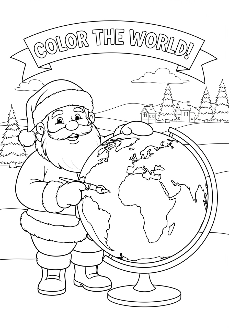 Desenho do Papai Noel colorindo um globo terrestre