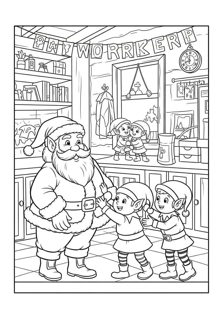 Desenho do Papai Noel com duendes em ambiente natalino
