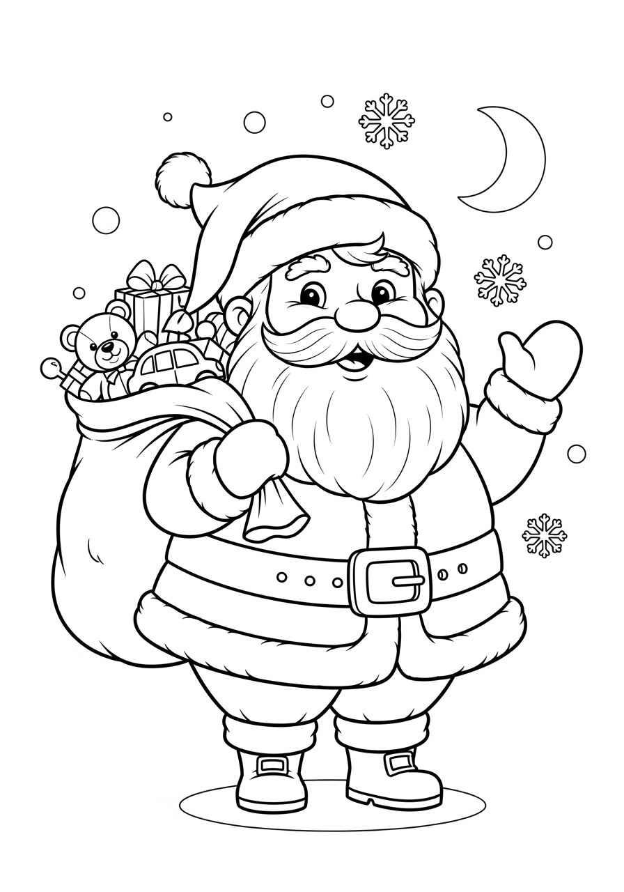 Desenho do Papai Noel acenando com saco de presentes