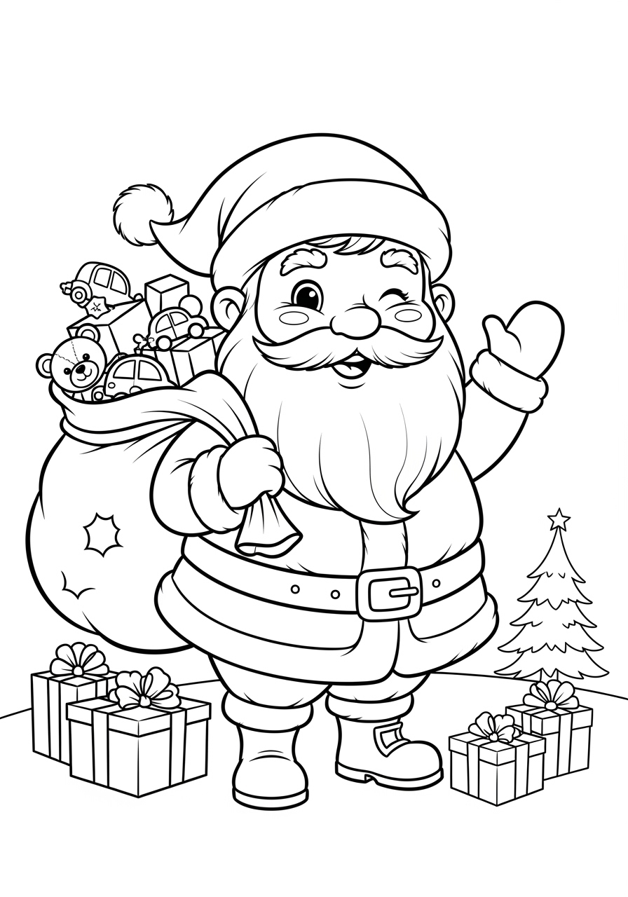 Desenho do Papai Noel acenando com saco de presentes