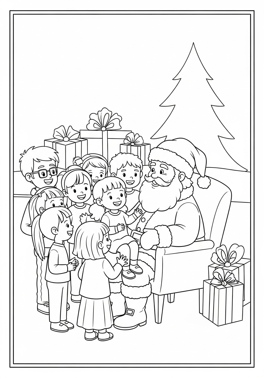 Desenho do Papai Noel com crianças e presentes para colorir