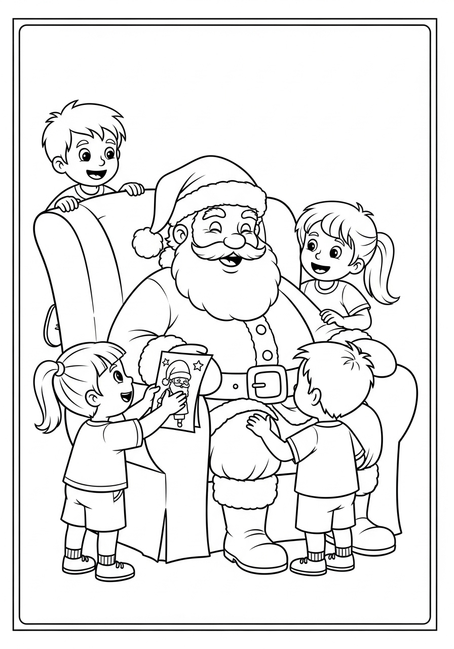 Desenho do Papai Noel com crianças em poltrona para colorir