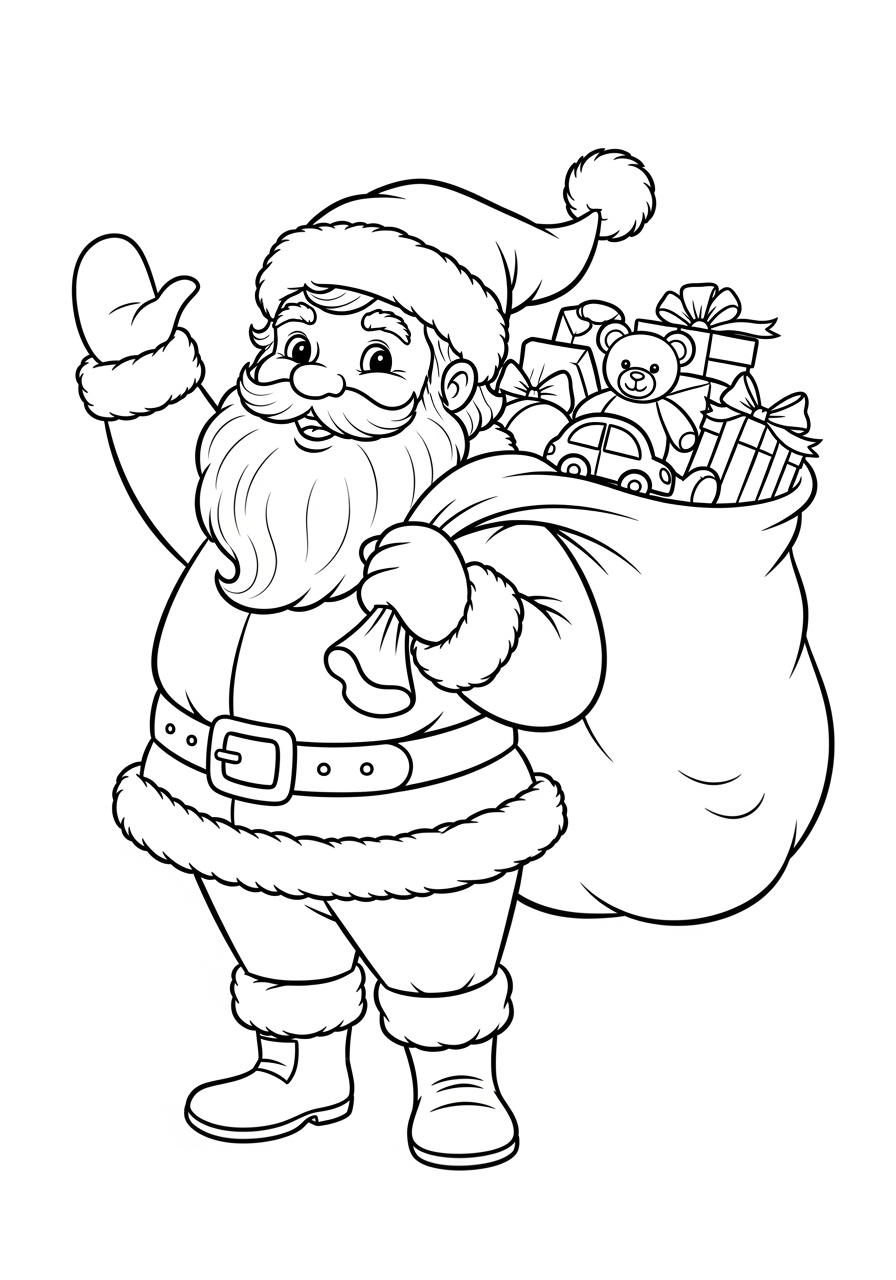 Desenho do Papai Noel acenando com saco de presentes