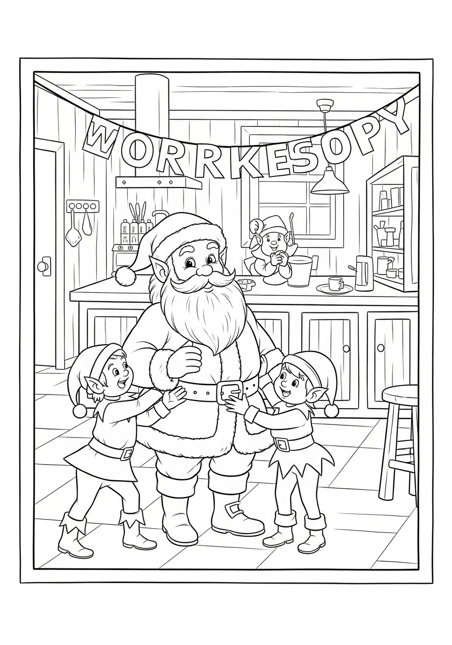 Desenho do Papai Noel com elfos em uma cozinha para colorir