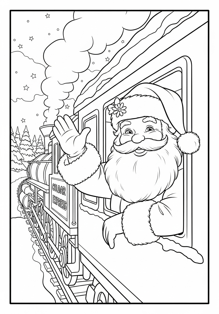 Desenho do Papai Noel acenando em trem cheio de presentes