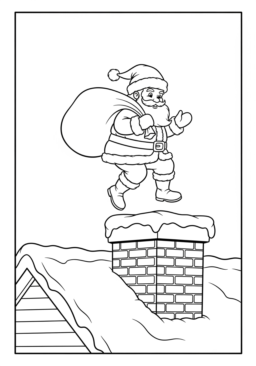 Desenho do Papai Noel pulando sobre uma chaminé para colorir