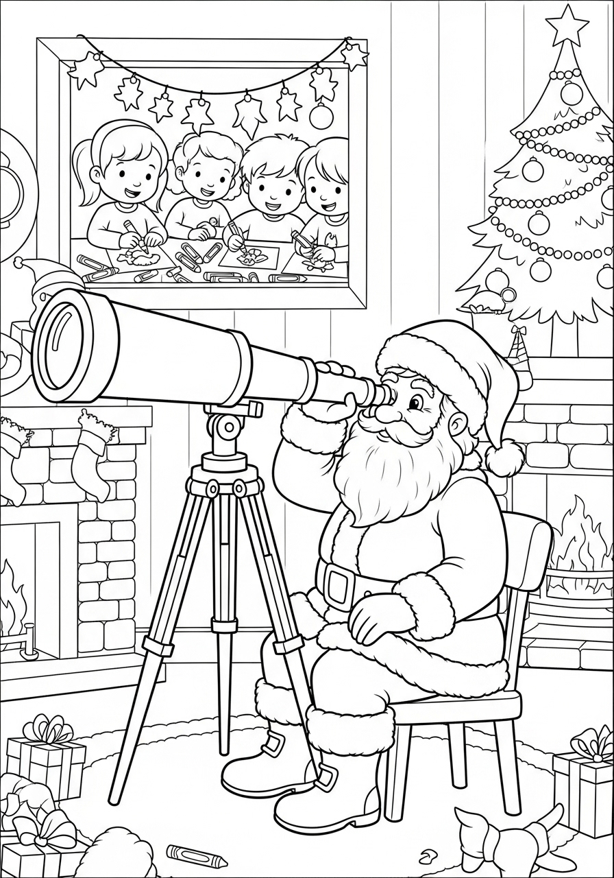 Desenho do Papai Noel olhando pelo telescópio na sala