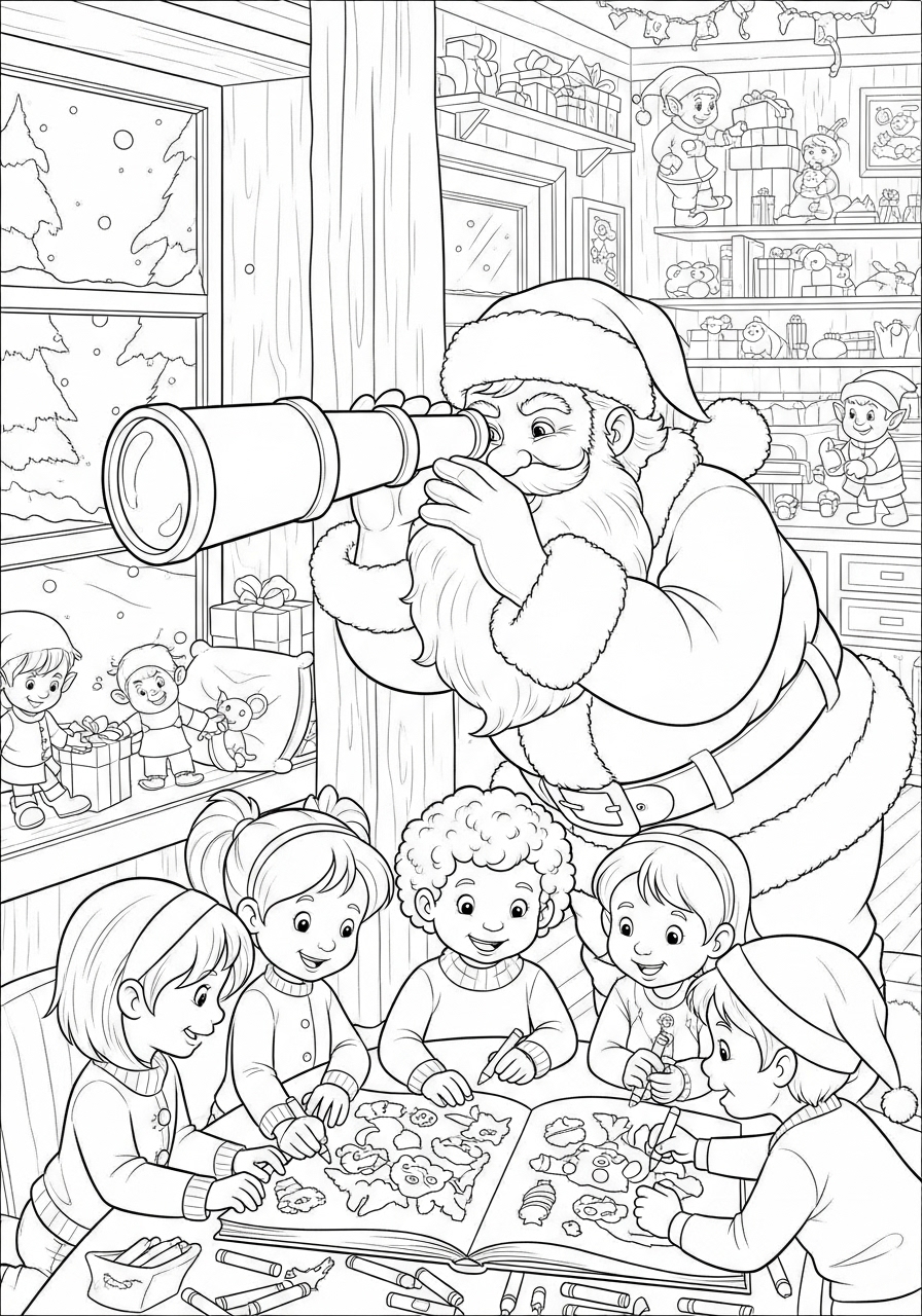 Desenho do Papai Noel observando crianças enquanto colorindo