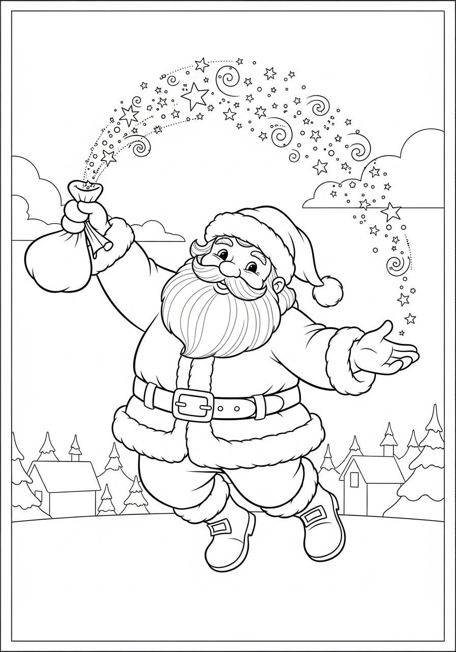 Desenho do Papai Noel com saco de presentes e estrelas