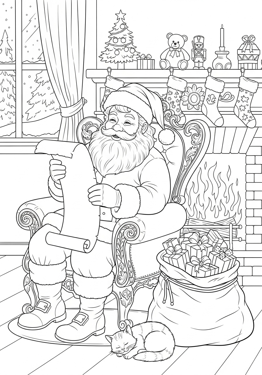 Desenho do Papai Noel sentado lendo uma lista de presentes