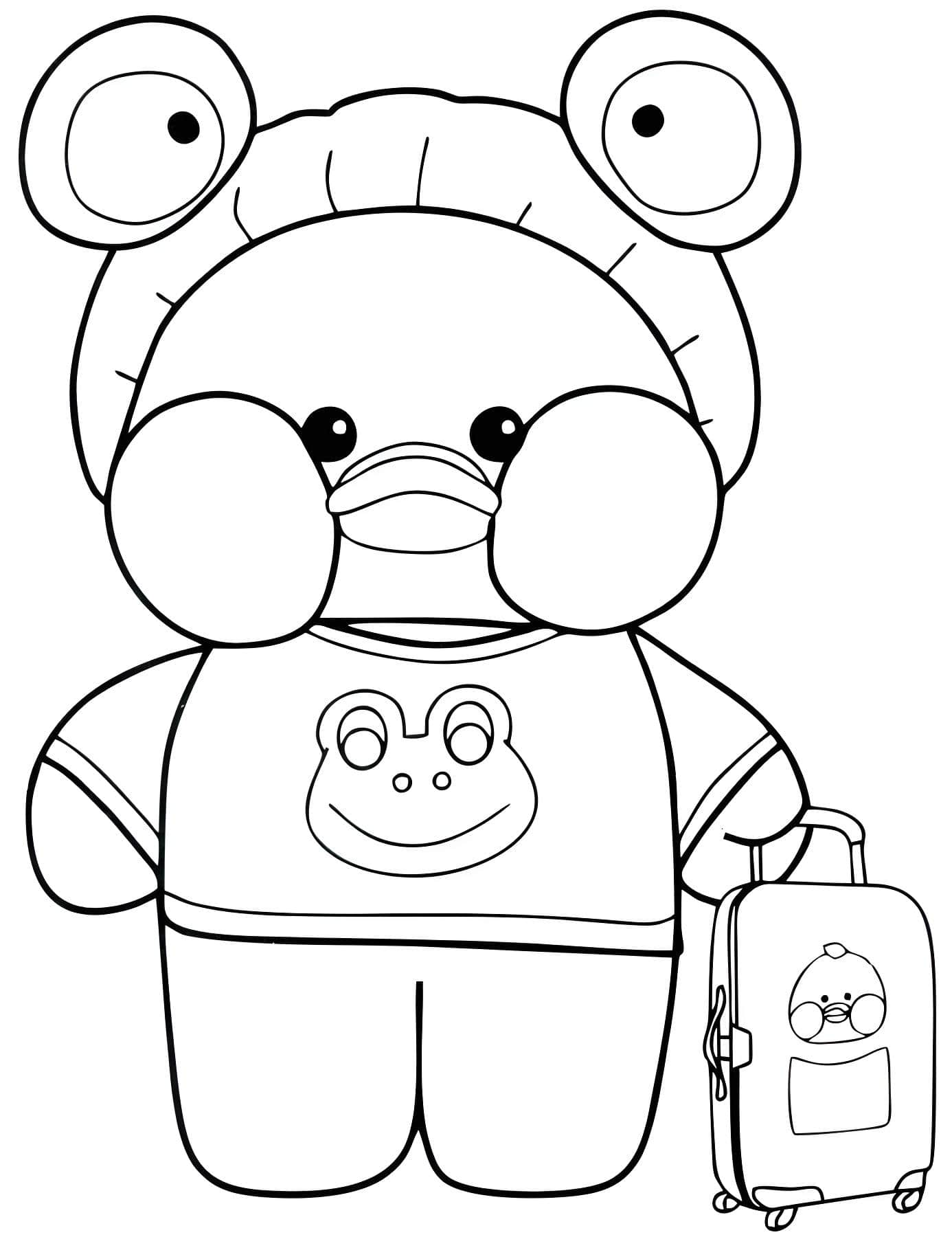 Paper Duck com roupas de sapo e mala para imprimir e colorir