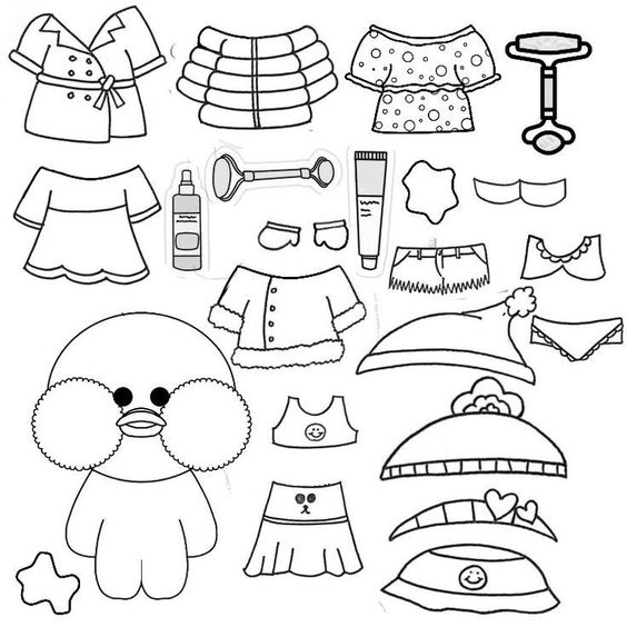 Paper Duck com diversas roupas e acessórios para colorir