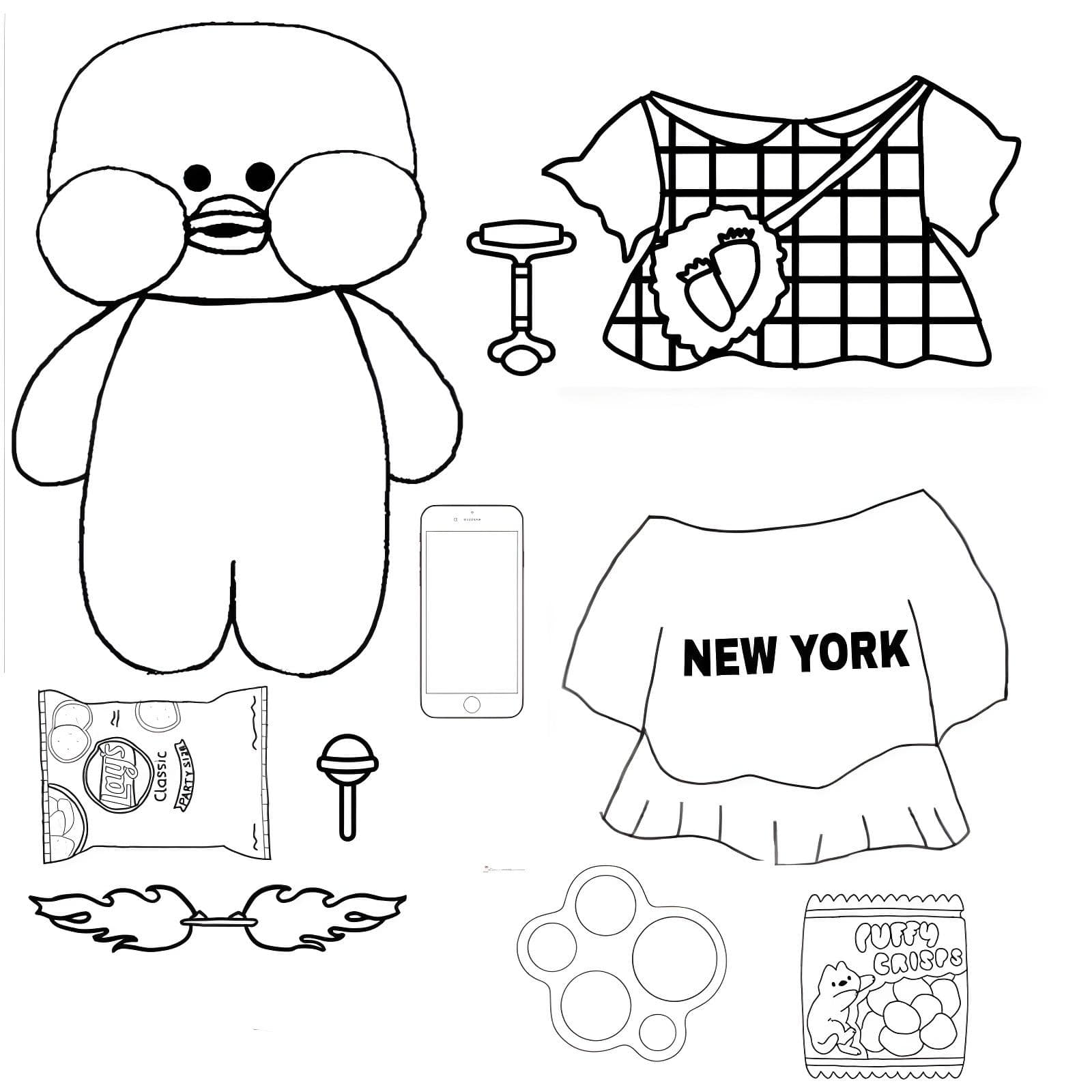 Paper Duck com roupas e acessórios prontos para colorir