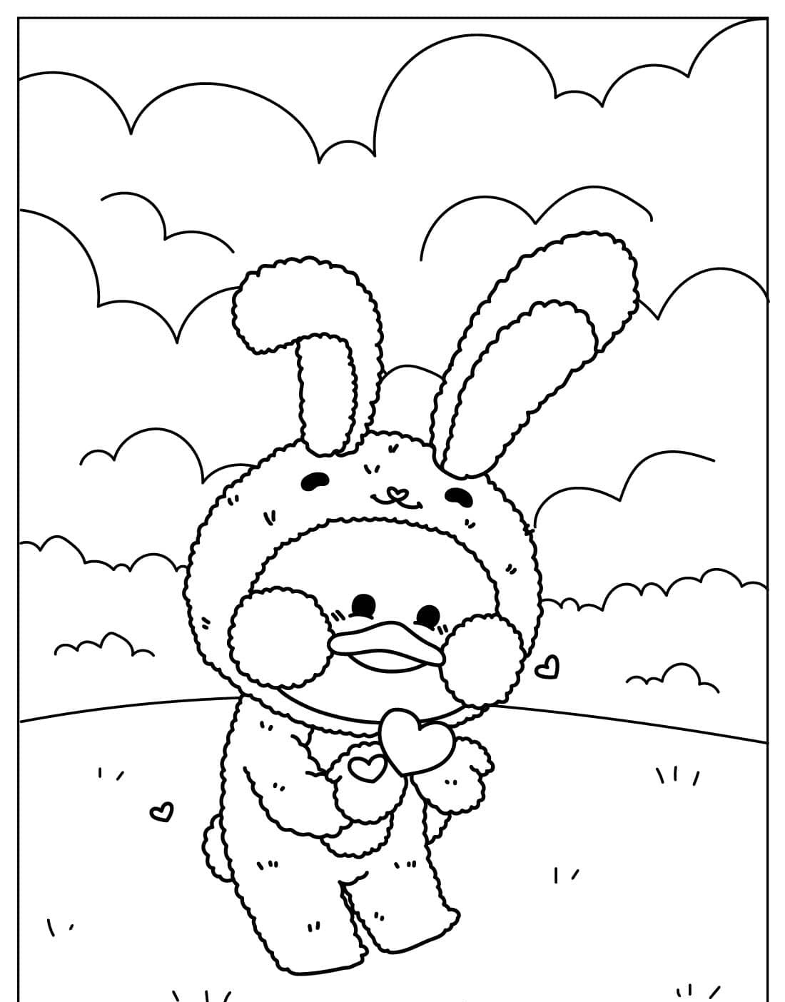 Paper Duck vestido de coelho segurando corações para colorir