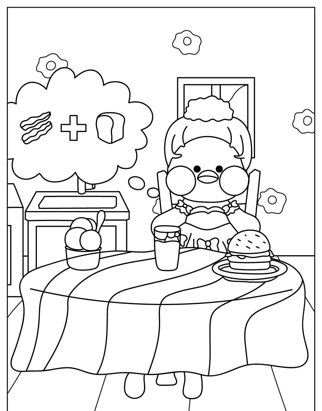 Paper Duck sentado à mesa com pratos e pensando em comida