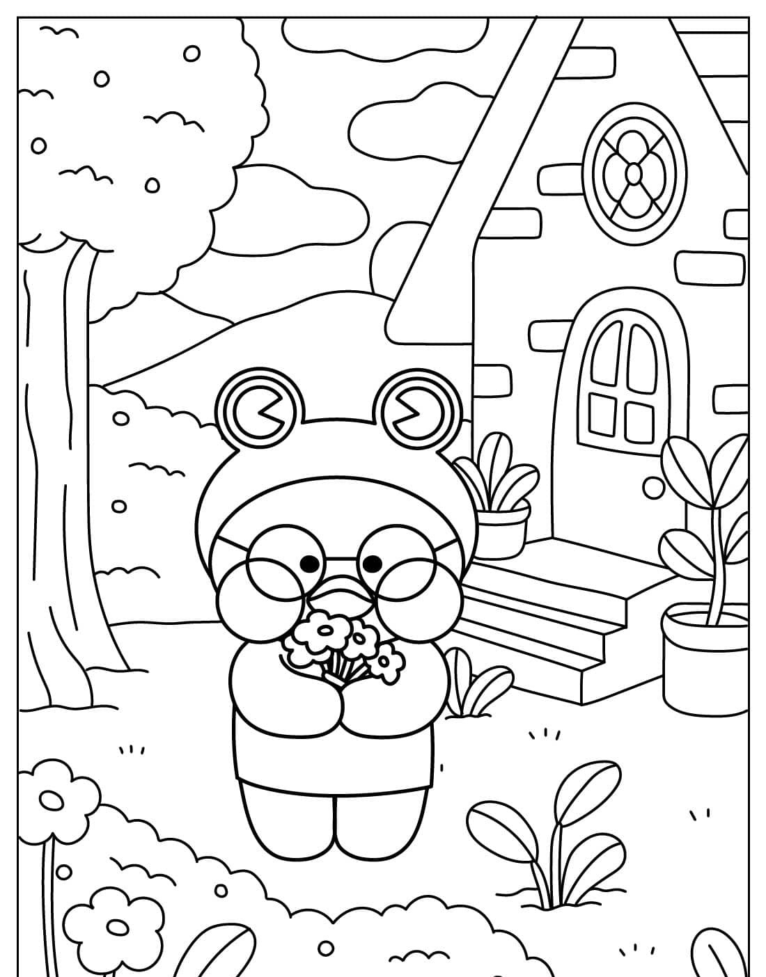 Paper Duck Fofo segurando flores com cenário de casa