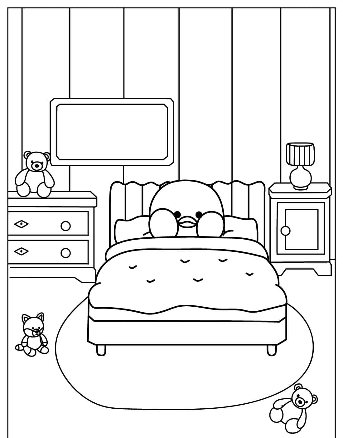 Paper Duck Fofo em quarto com cama e brinquedos para colorir