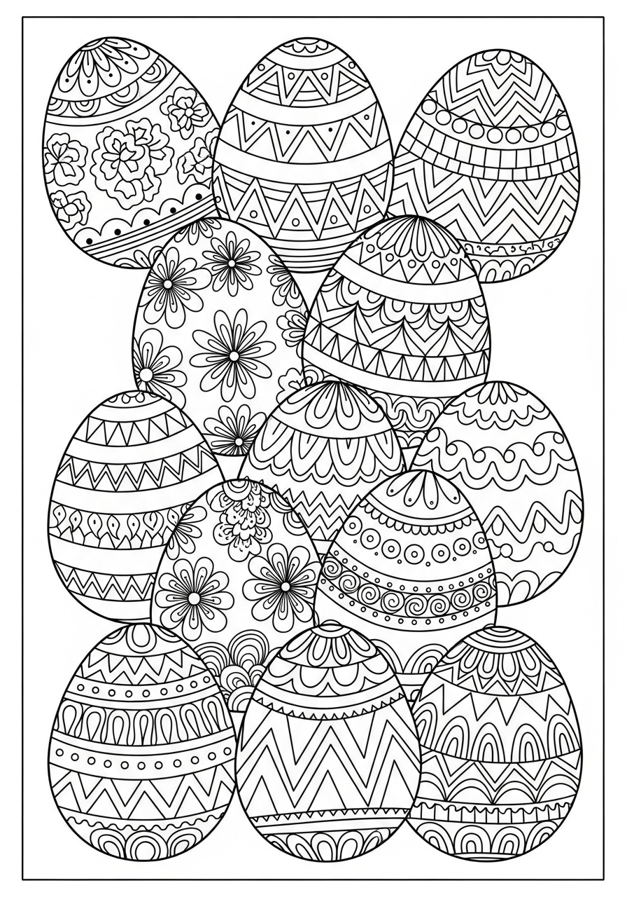 Desenho da Páscoa com ovos decorados para colorir