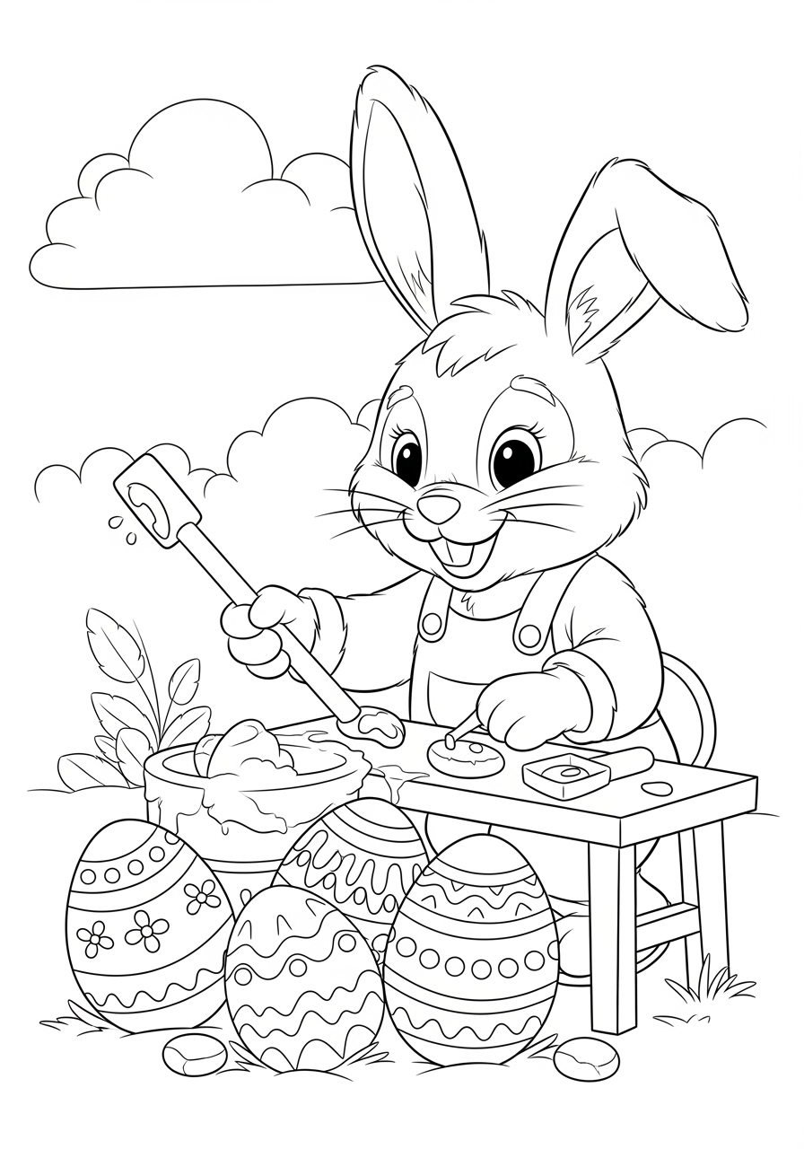 Desenho da Páscoa coelho decorando ovos para colorir