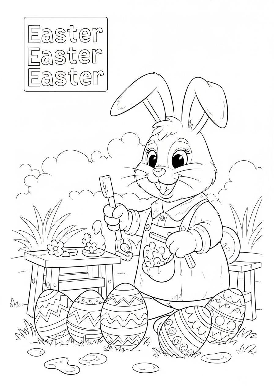 Desenho da Páscoa coelho pintando ovos para colorir