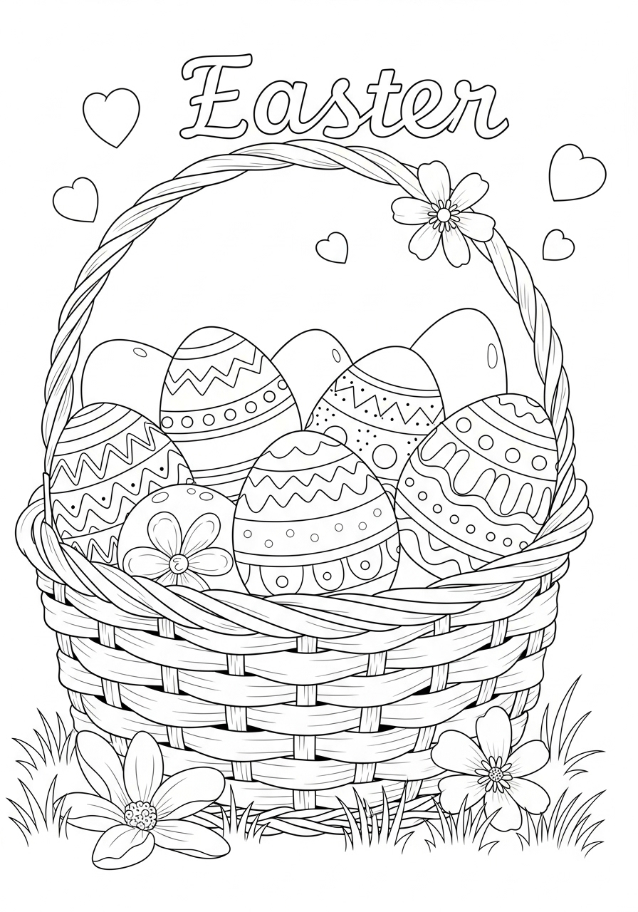 Desenho da Páscoa com ovos decorados em cesta para colorir