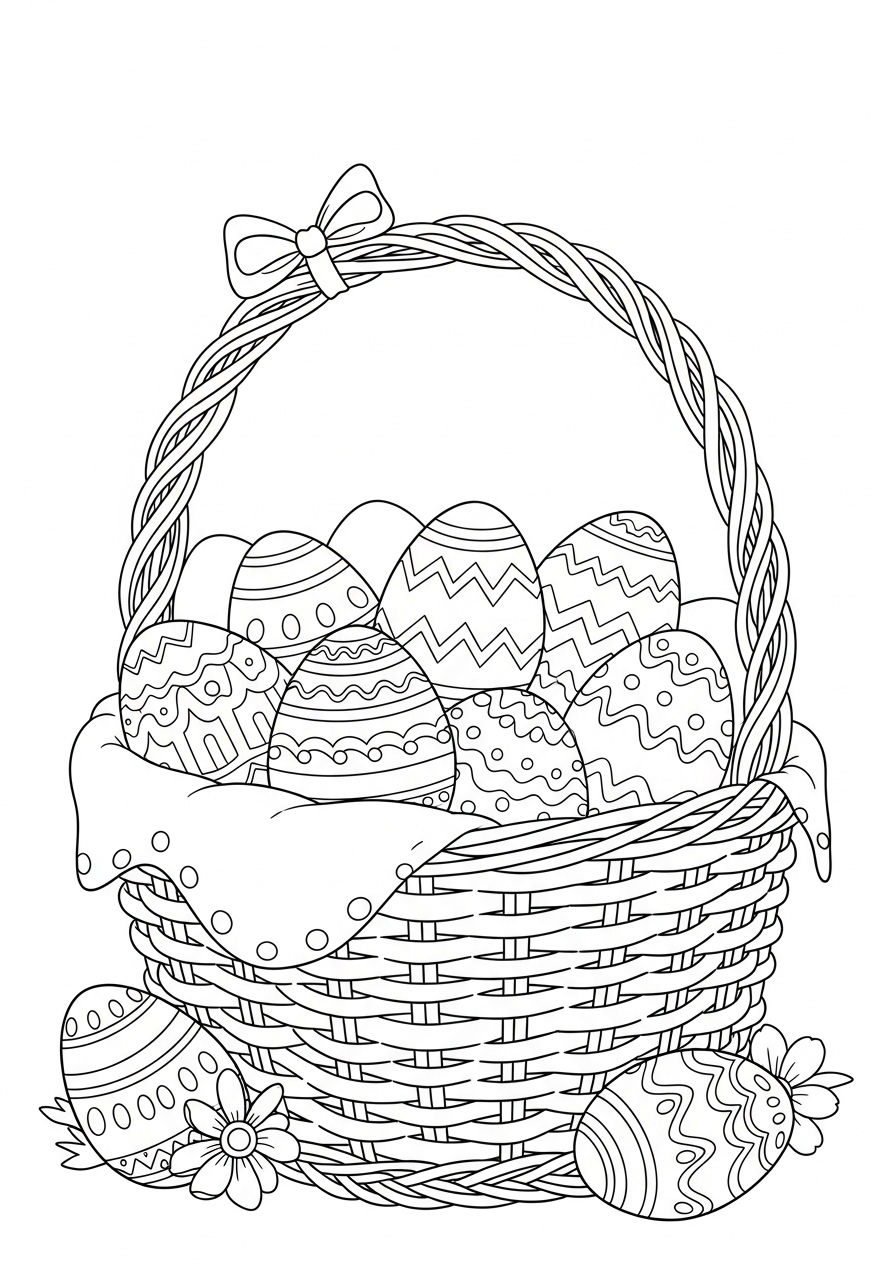 Desenho da Páscoa de cesta com ovos decorados para colorir