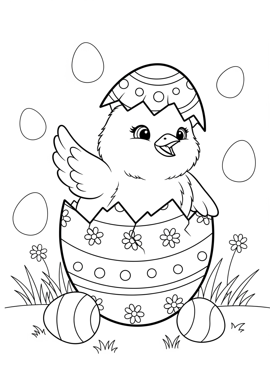 Desenho da Páscoa com pintinho em ovo decorado para colorir