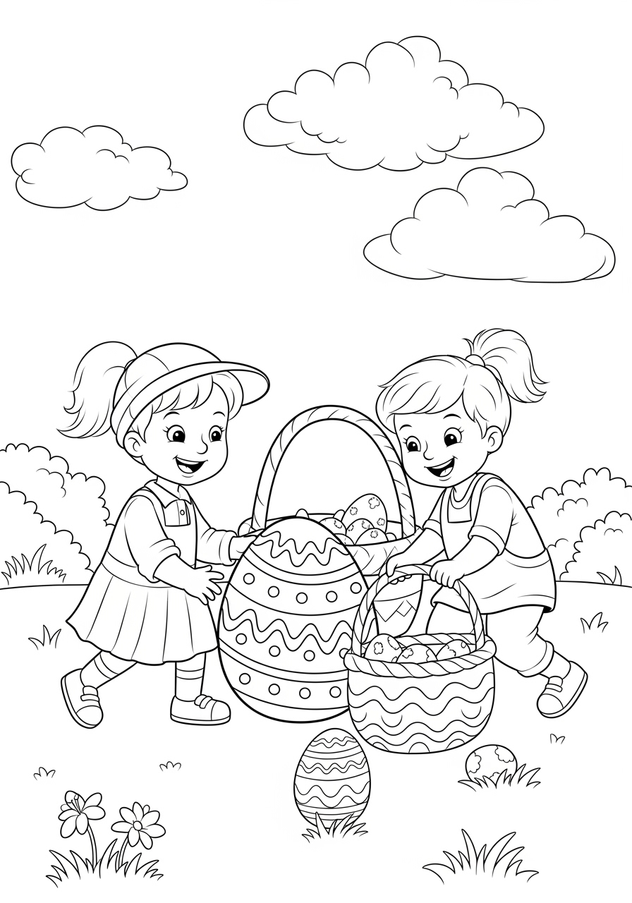 Desenho da Páscoa crianças com cestas de ovos para colorir