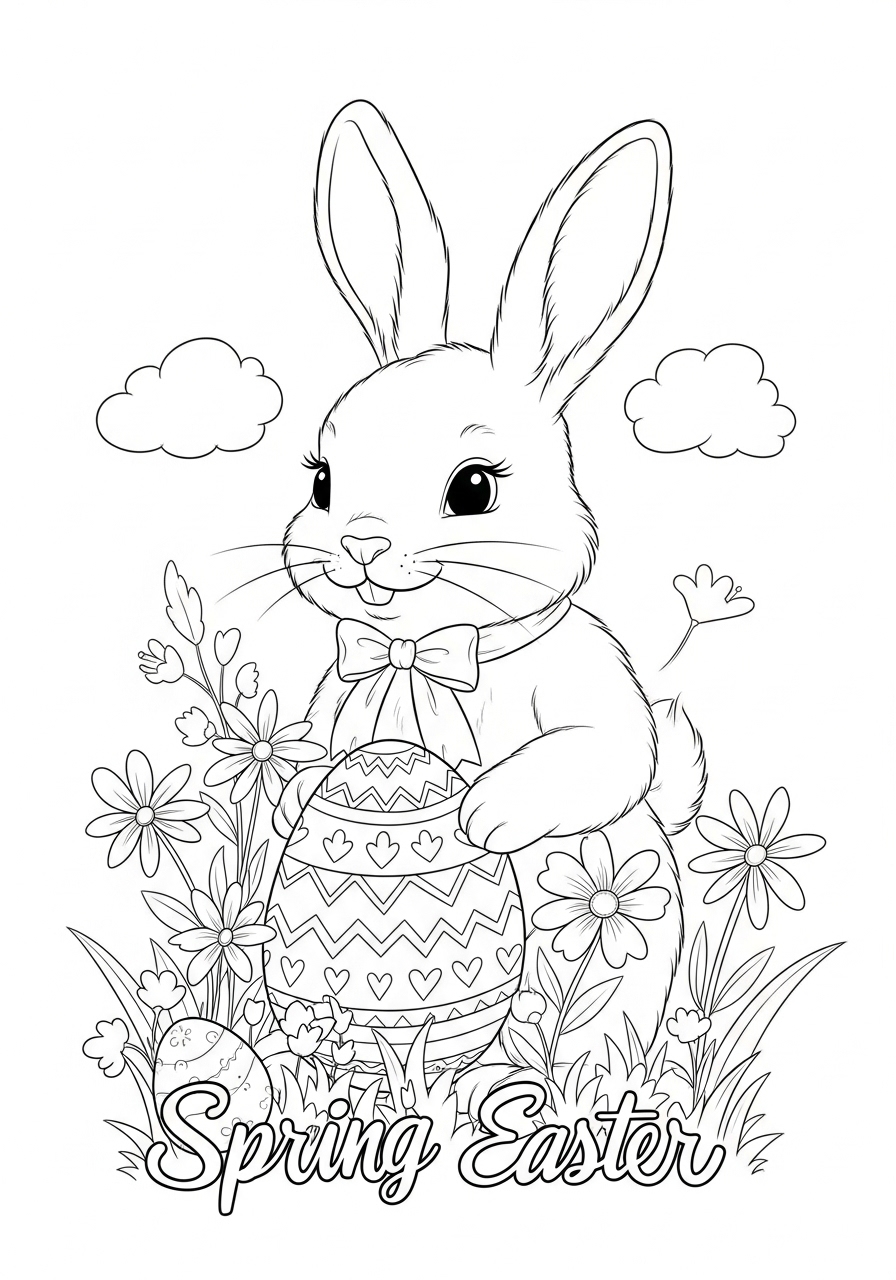 Desenho da Páscoa com coelho e ovo decorado para colorir