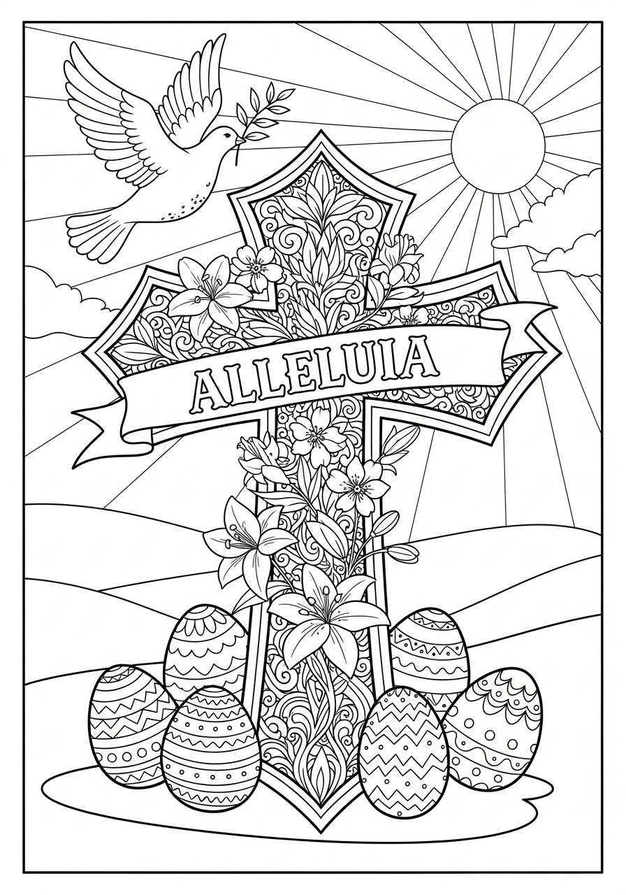 Desenho da Páscoa cruz com flores e ovos para colorir