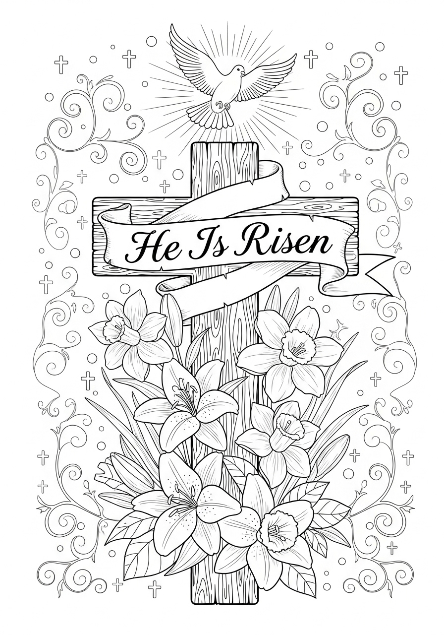 Desenho de cruz com flores e pomba de Páscoa para colorir