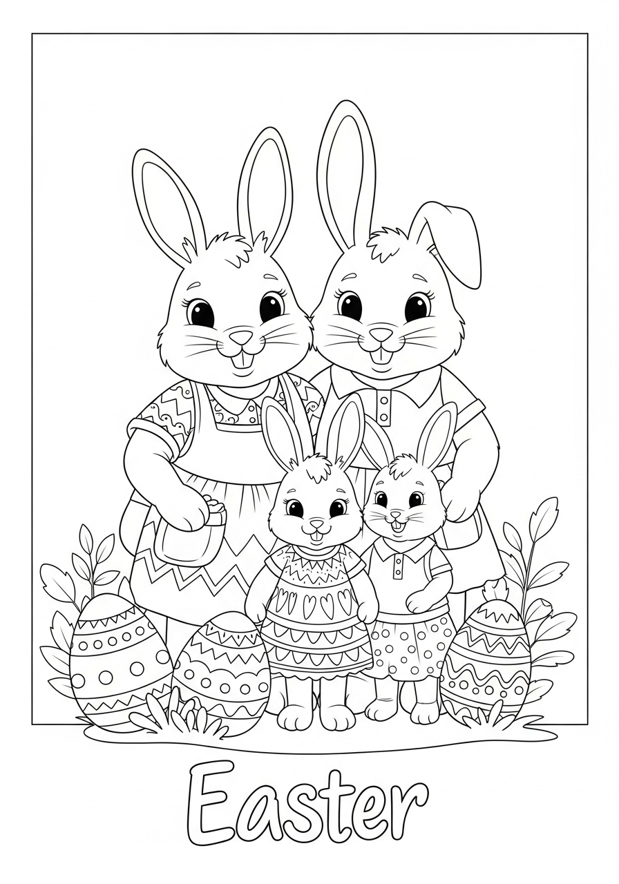 Desenho de família de coelhos da Páscoa para colorir
