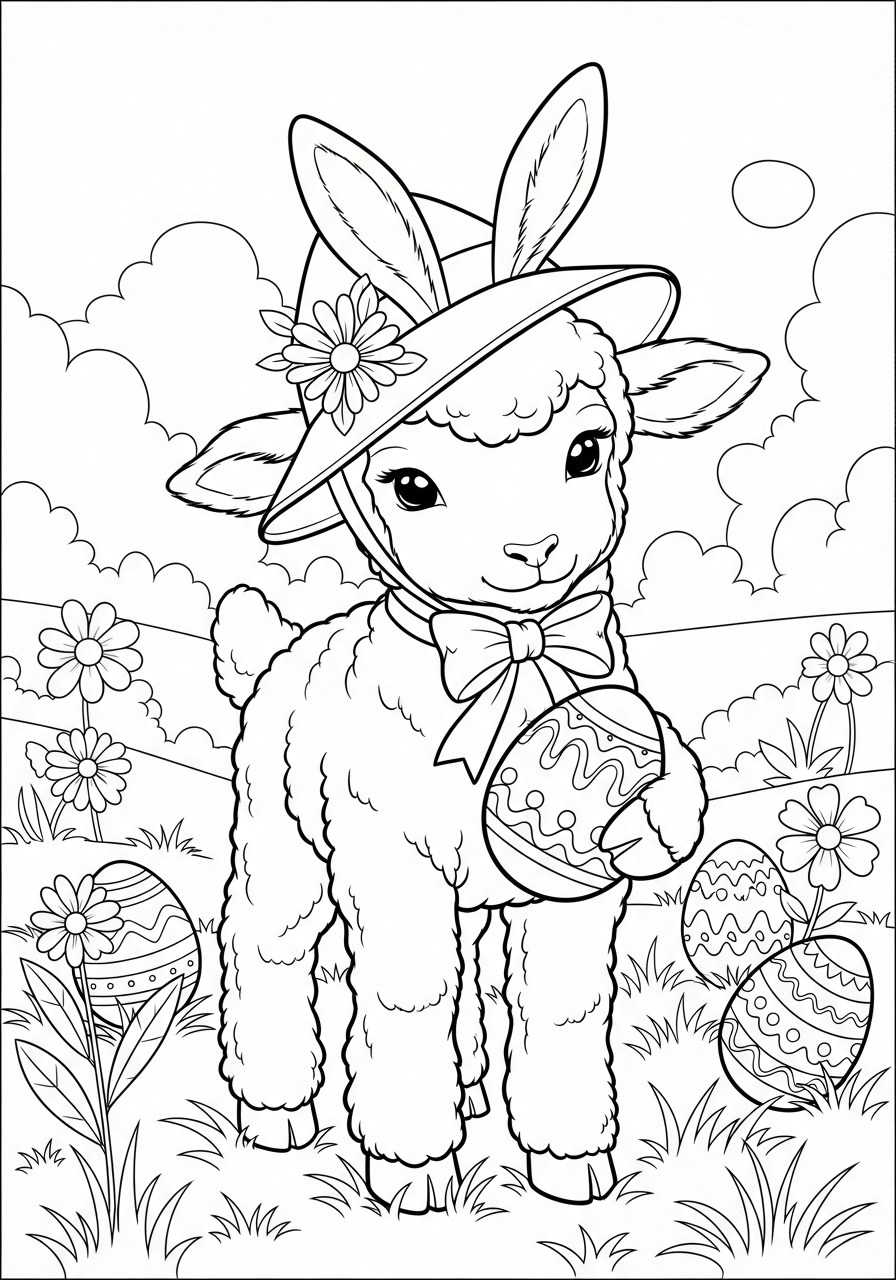 Desenho da Páscoa cordeirinho com ovo para colorir