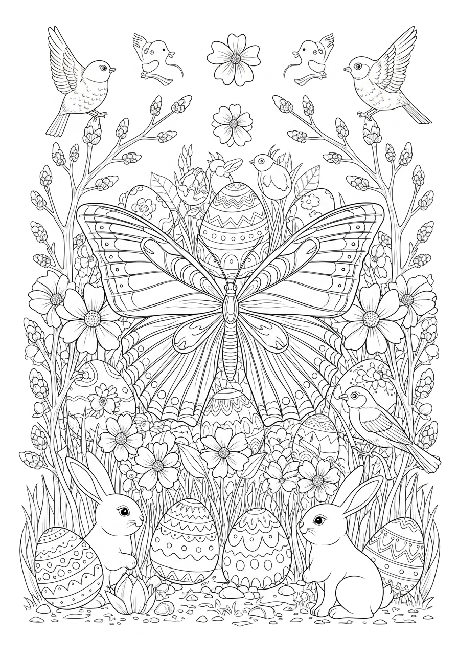 Desenho de Páscoa com borboleta e ovos para colorir