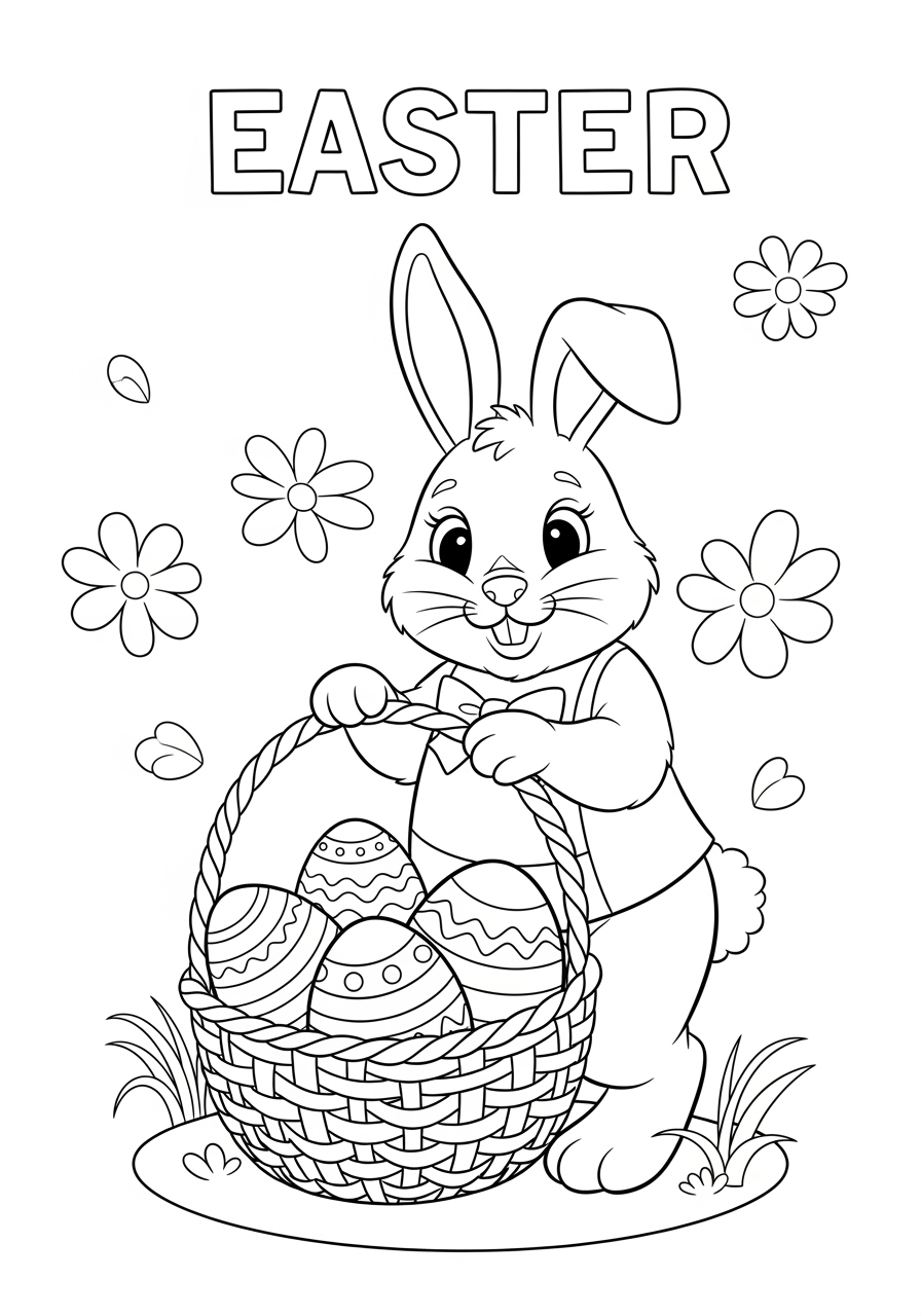 Desenho da Páscoa com coelhinho e cesta de ovos para colorir