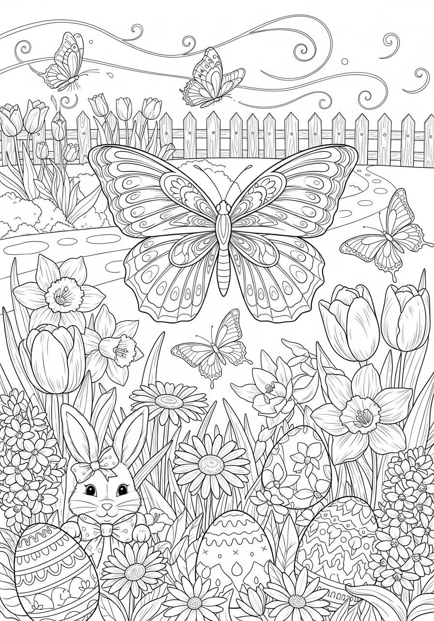Desenho da Páscoa com borboleta flores e coelho para colorir