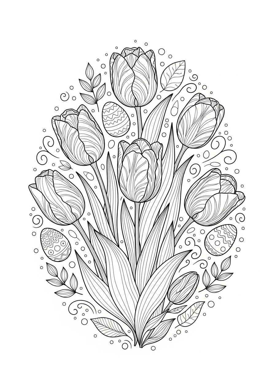 Desenho de Páscoa com tulipas e ovos decorados para colorir
