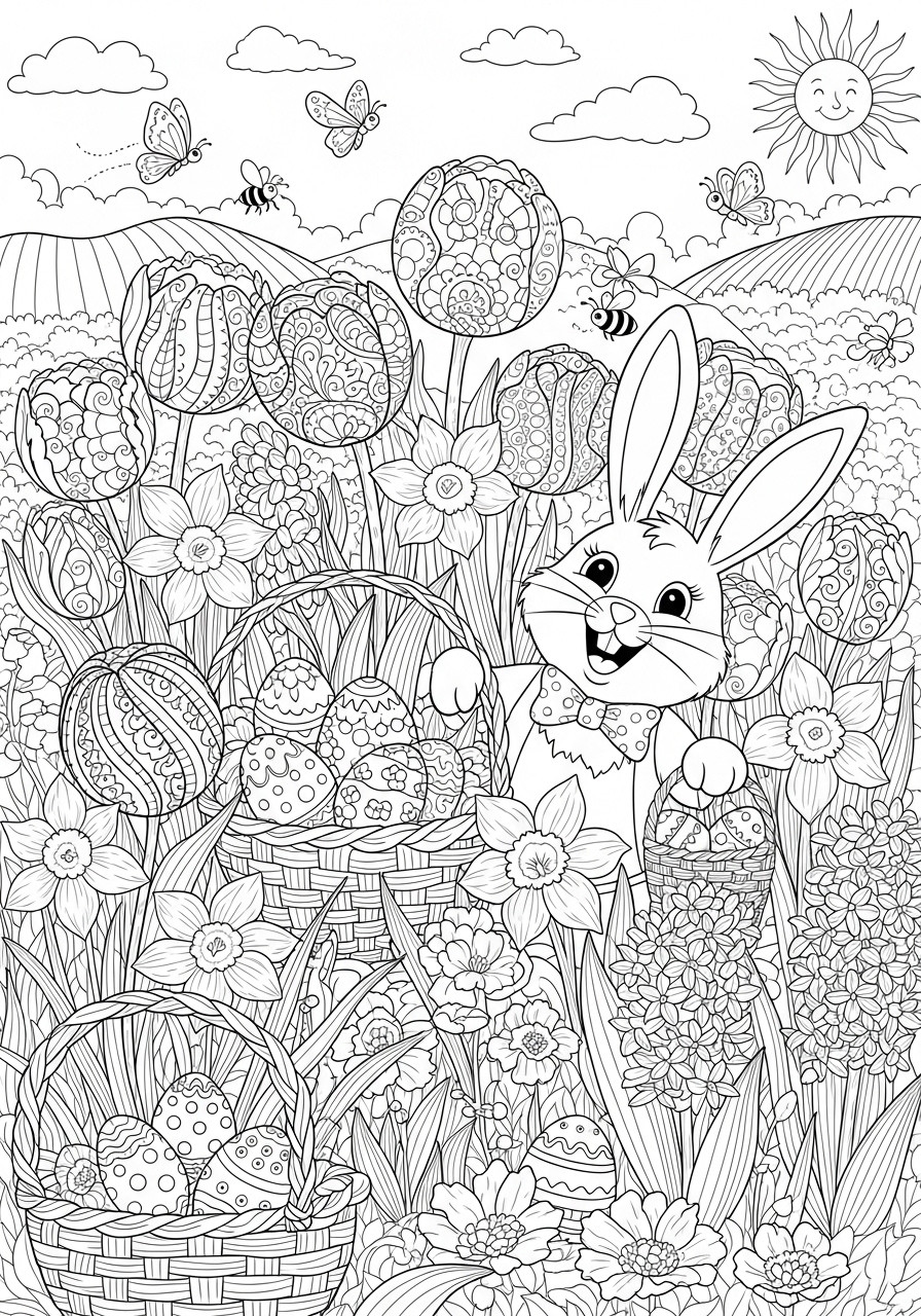 Desenho da Páscoa coelho com cestas de ovos para colorir