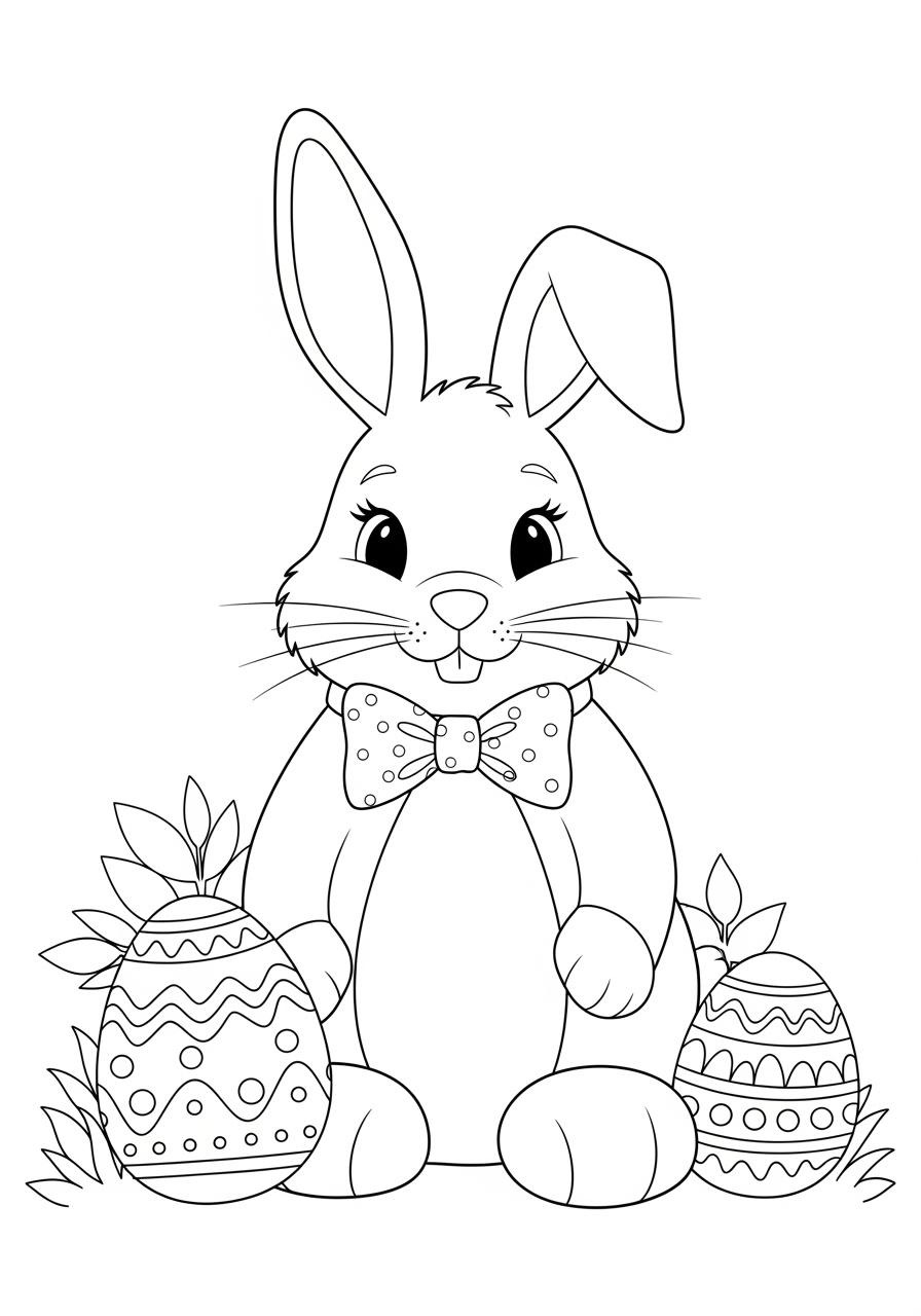 Desenho da Páscoa coelho com laço e ovos para colorir