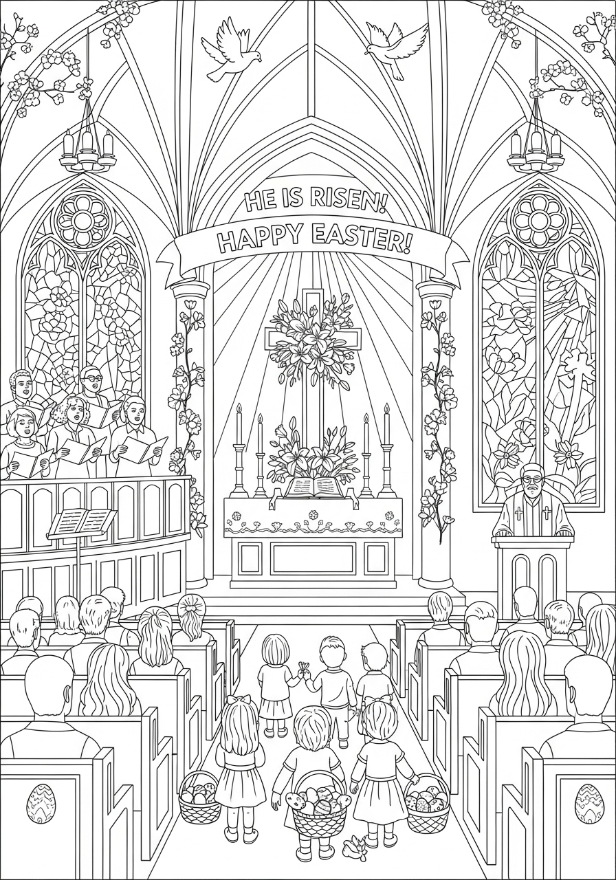 Desenho da Páscoa em igreja com fiéis reunidos para colorir